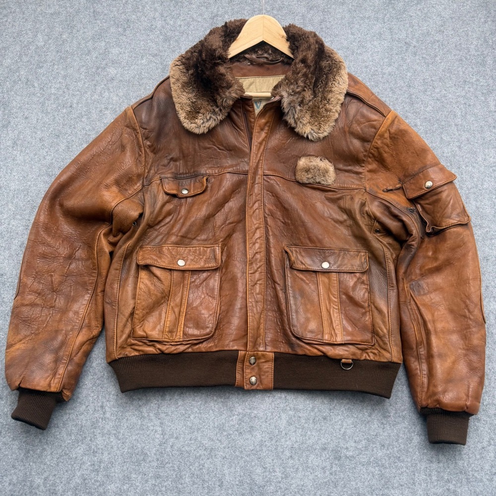 Rex Marsee Design Vetter Brown Leather Bomber Jacket Faux Fur Collar Mens XL